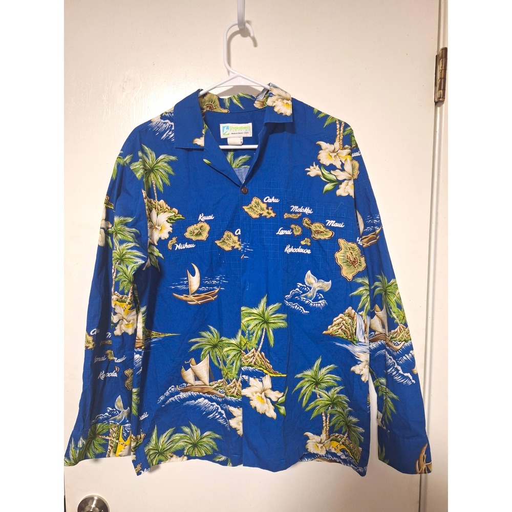Shakabera Hawaii Map Mens M Long Sleeve Hawaiian Aloha Blue Palm 100% Cotton